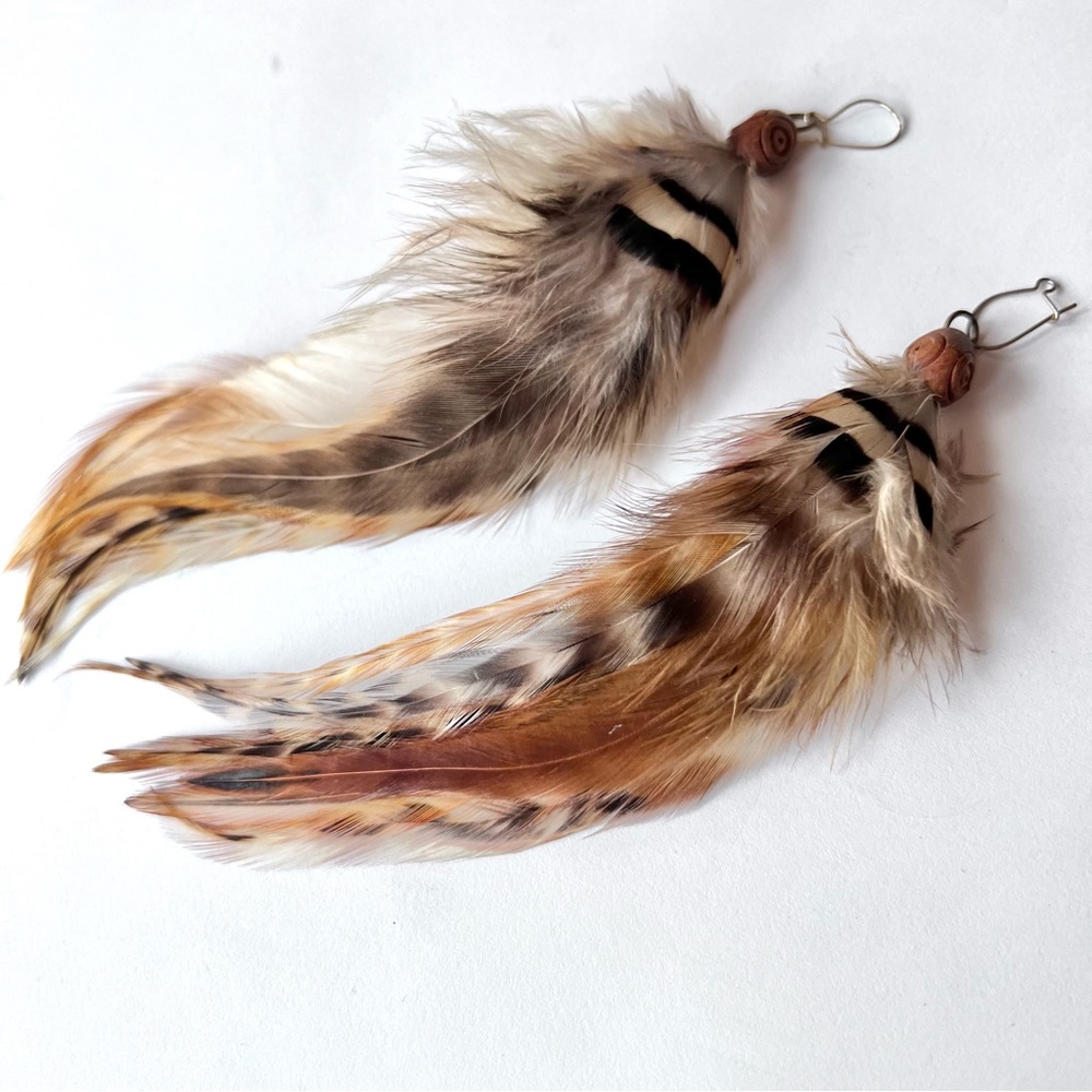 Boho Feather Earrings Duster Long Gypsy Free Spirit Natural Neutral Color